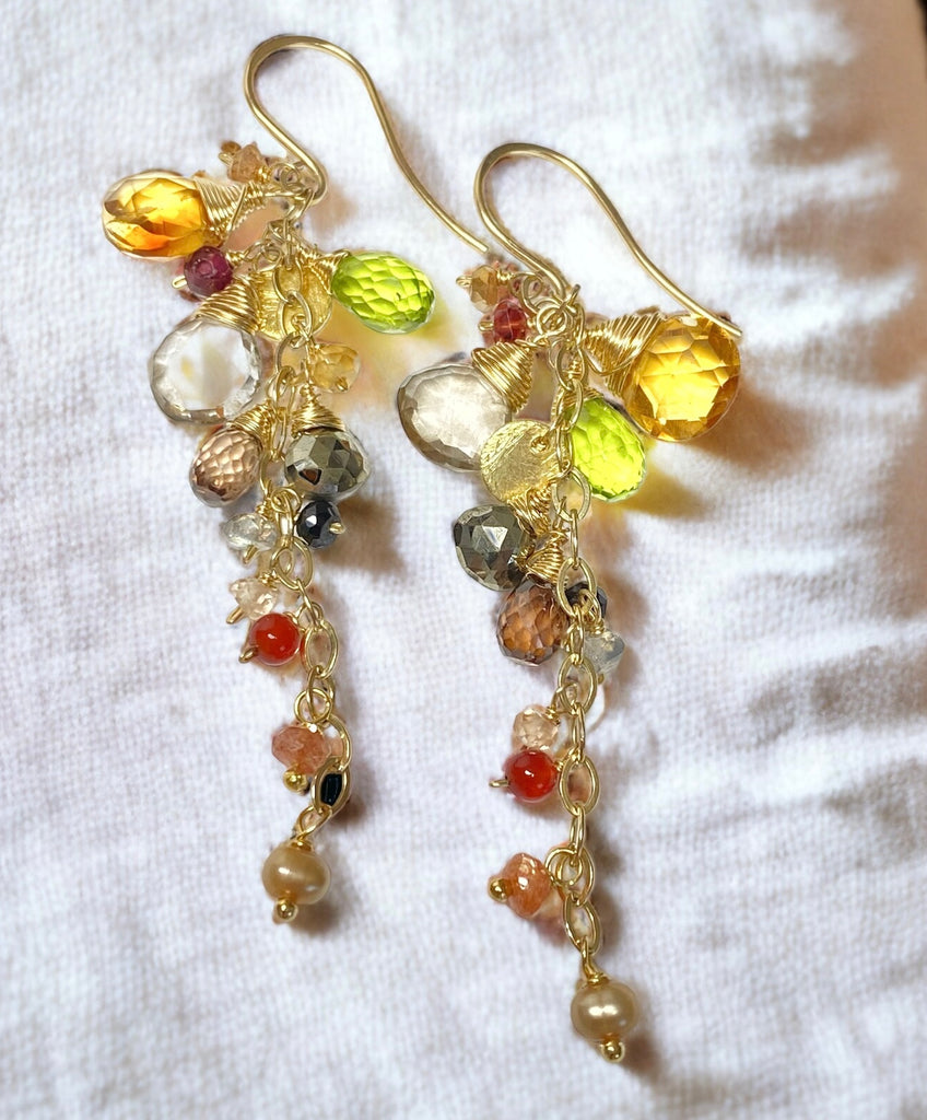 Citrine and Multi Gem Stone Dangle Earrings, Gold Chain Tassel with Peridot