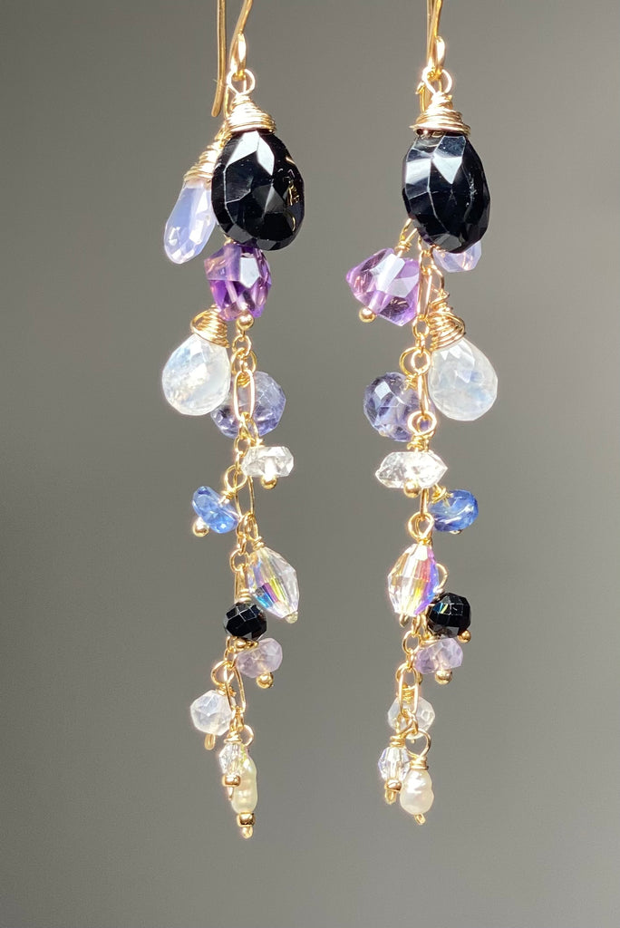 Amethyst, Scorolite, Black Spinel Long Dangle Earrings 3