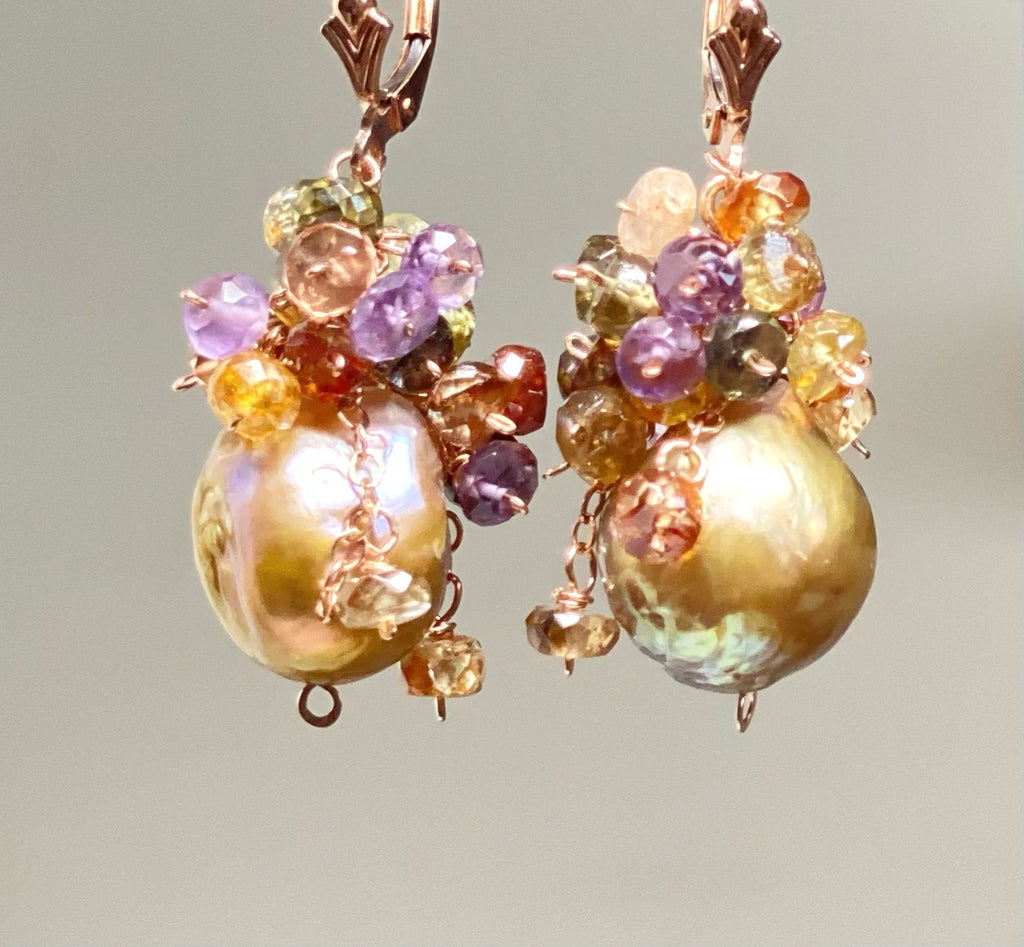 Multi Gemstone Cluster and Pond Slime Gold White Pearl Earrings Rose Gold