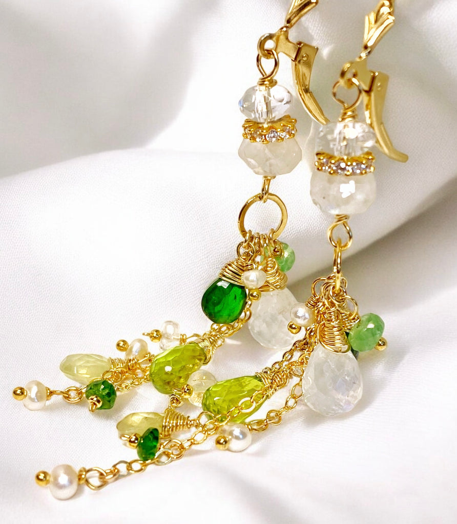 Green Gemstone Boho Dangle Earrings Peridot Chrome Diopside Tsavorite Gold 2