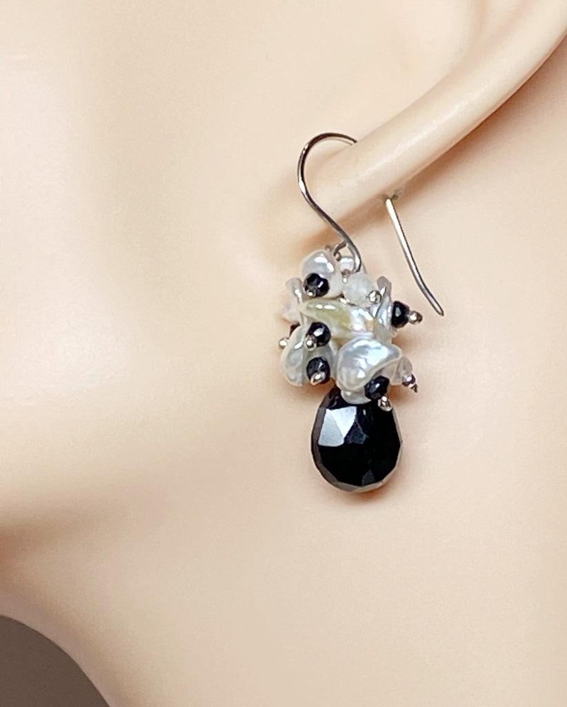 Black Spinel White Keishi Pearl Cluster Earrings