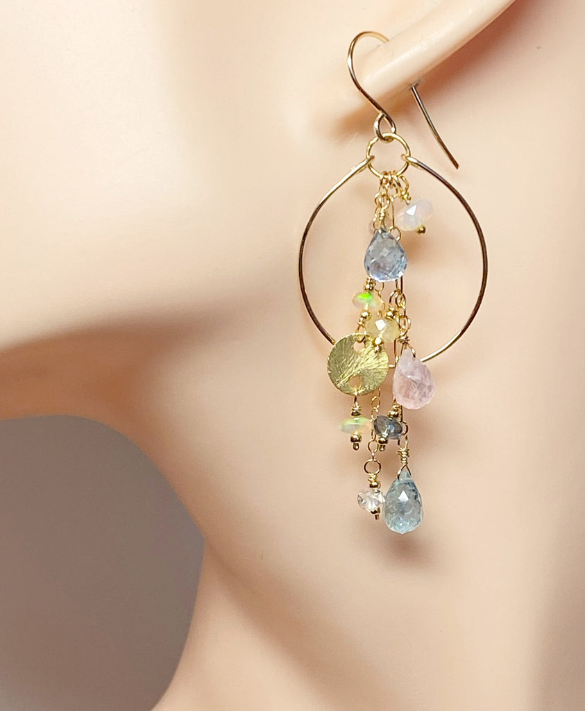 Aquamarine Gemstone Dangle Gold Fill Hoop Chandelier Earrings with Opals