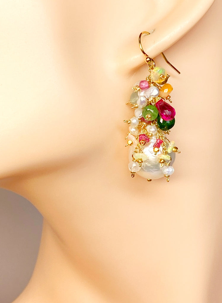 Edison Pearl Colorful Gemstone Cluster Earrings Gold Fill