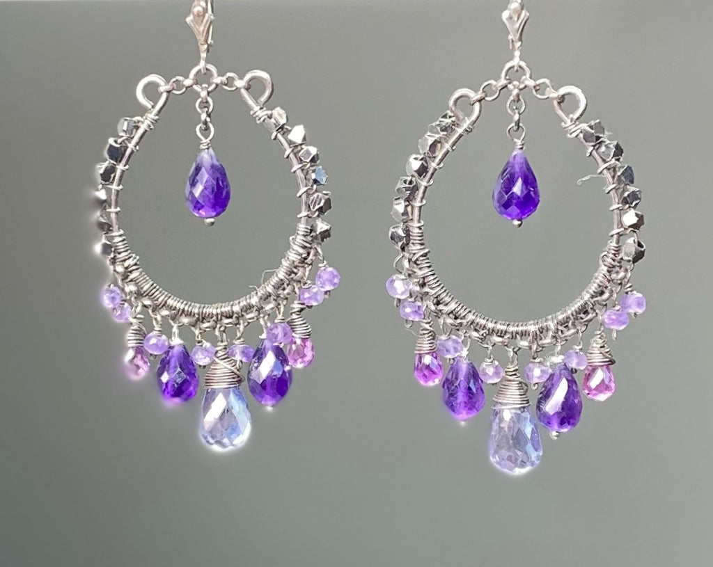 Boho Hoop Earrings Oxidized Sterling Silver Blue Violet Gemstones