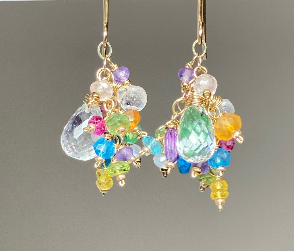 Crystal Quartz Dangle Earrings with Multi Gemstone Cluster Gold Fill 8