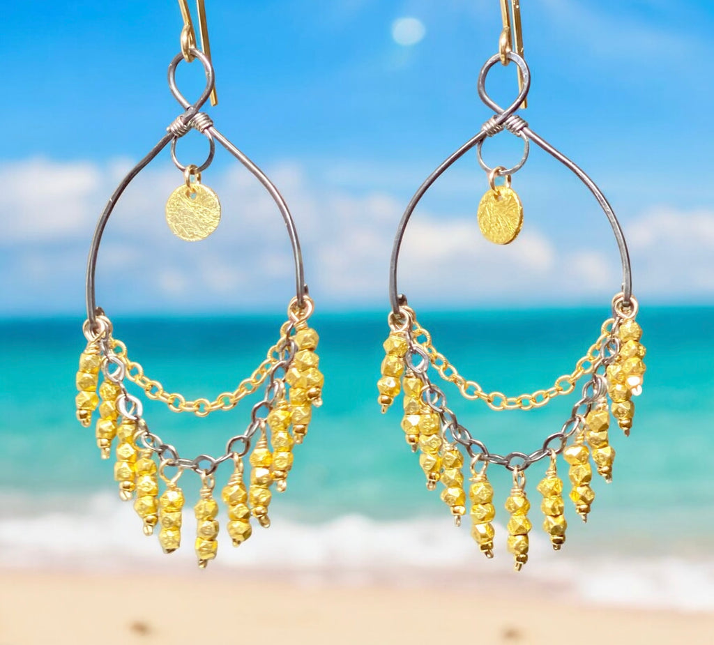 Gold and Black Chandelier Earrings in Mixed Metals