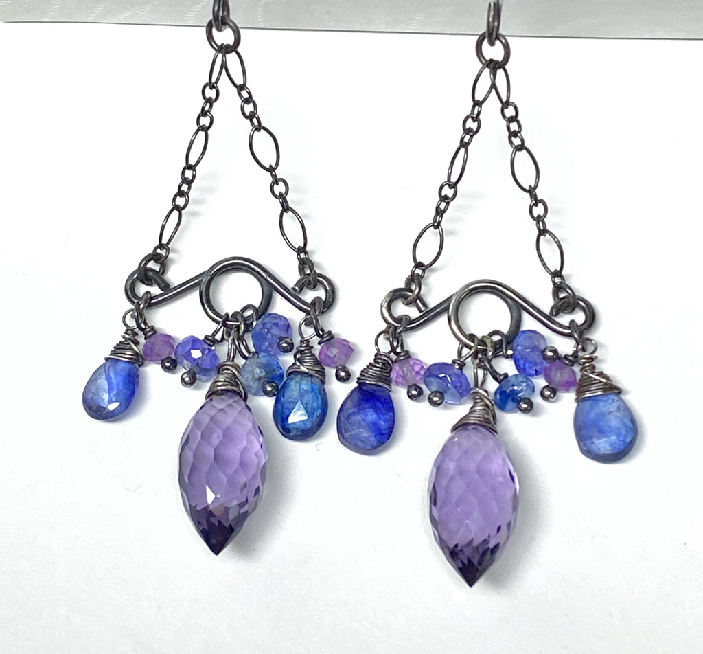 Blue Purple Gemstone Handmade Chandelier Earrings Oxidized Silver Tanzanite