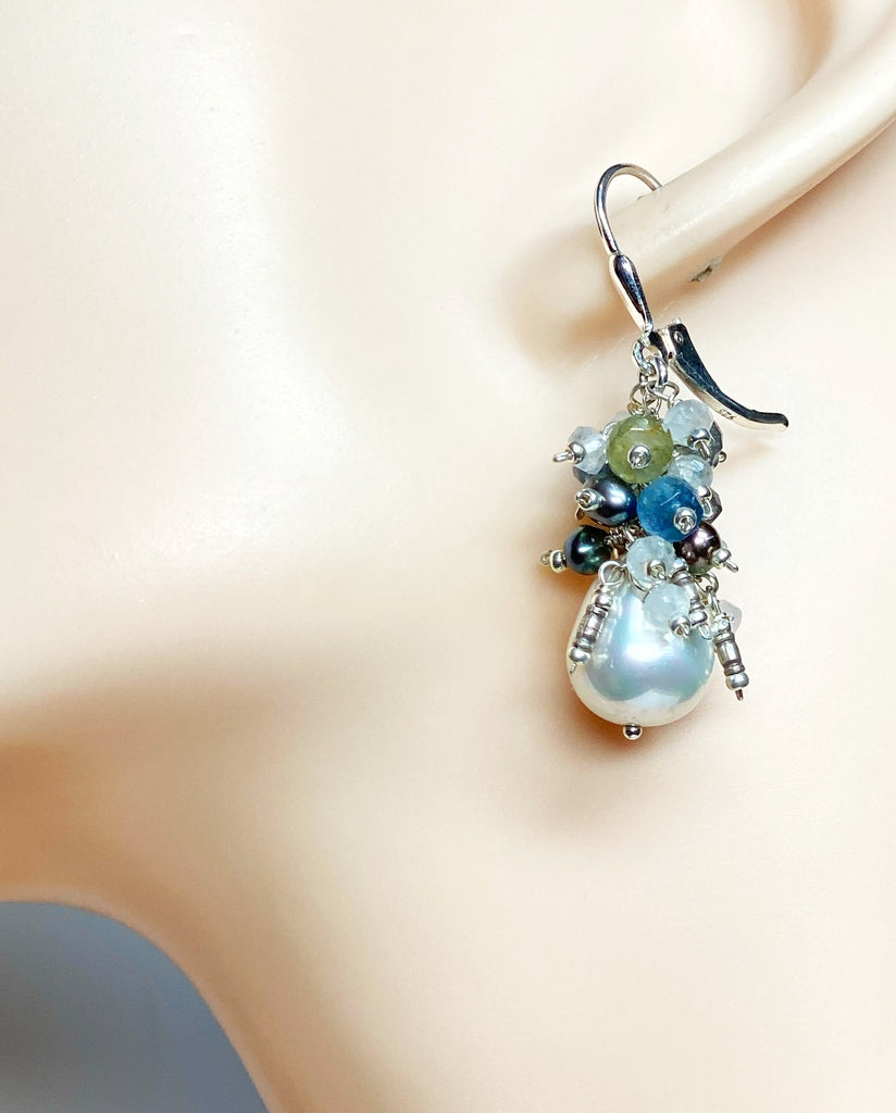 Moss Aquamarine and Pearl Cluster Earrings, Sterling Silver