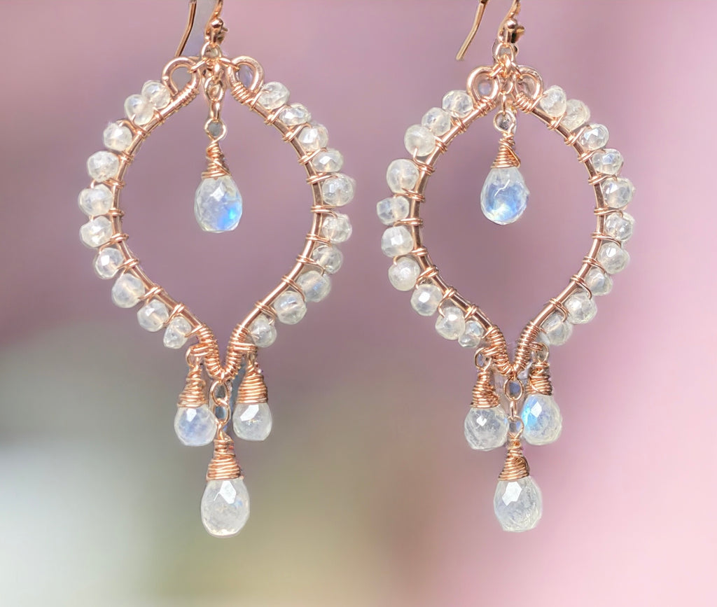Rose Gold Hoop Earrings Rainbow Moonstone Mystic Crystal