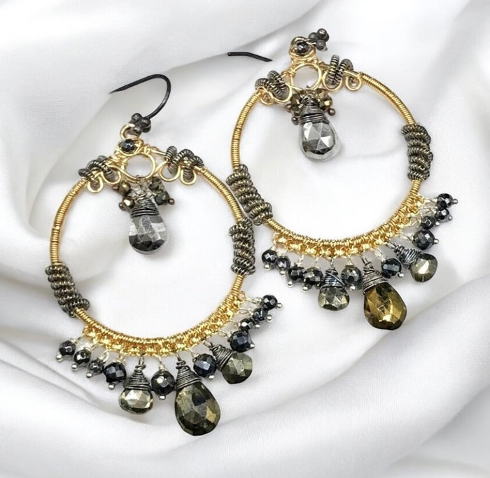 Gold Hoop Earrings with Pyrite Mixed Metals Coiled Silver