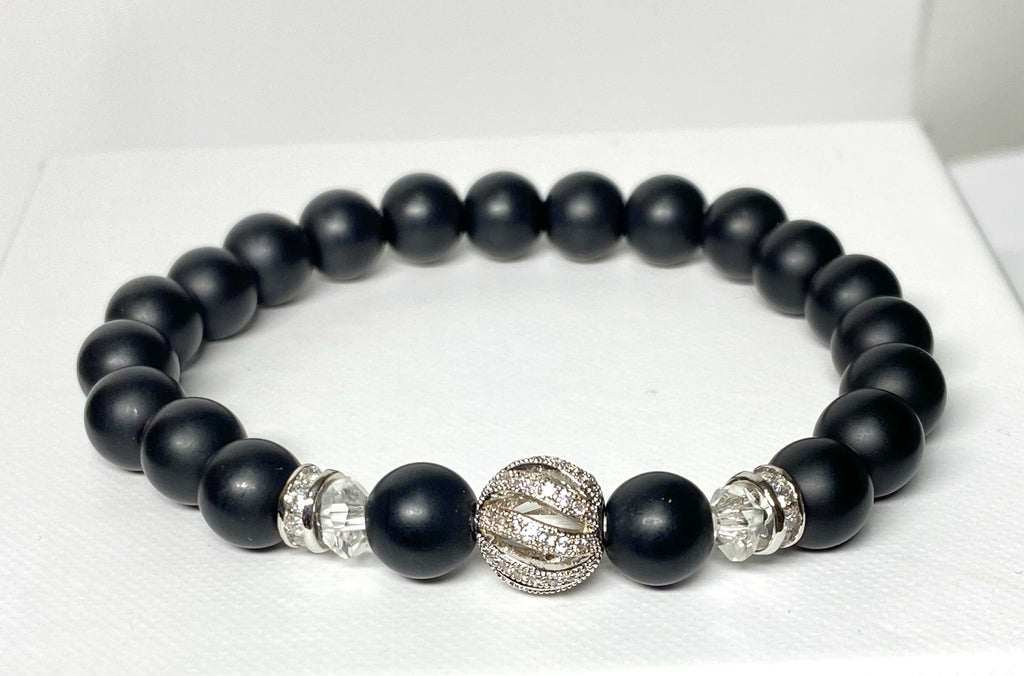 Black Onyx Stretch Bracelet with Crystal Quartz and Silver Pave CZ