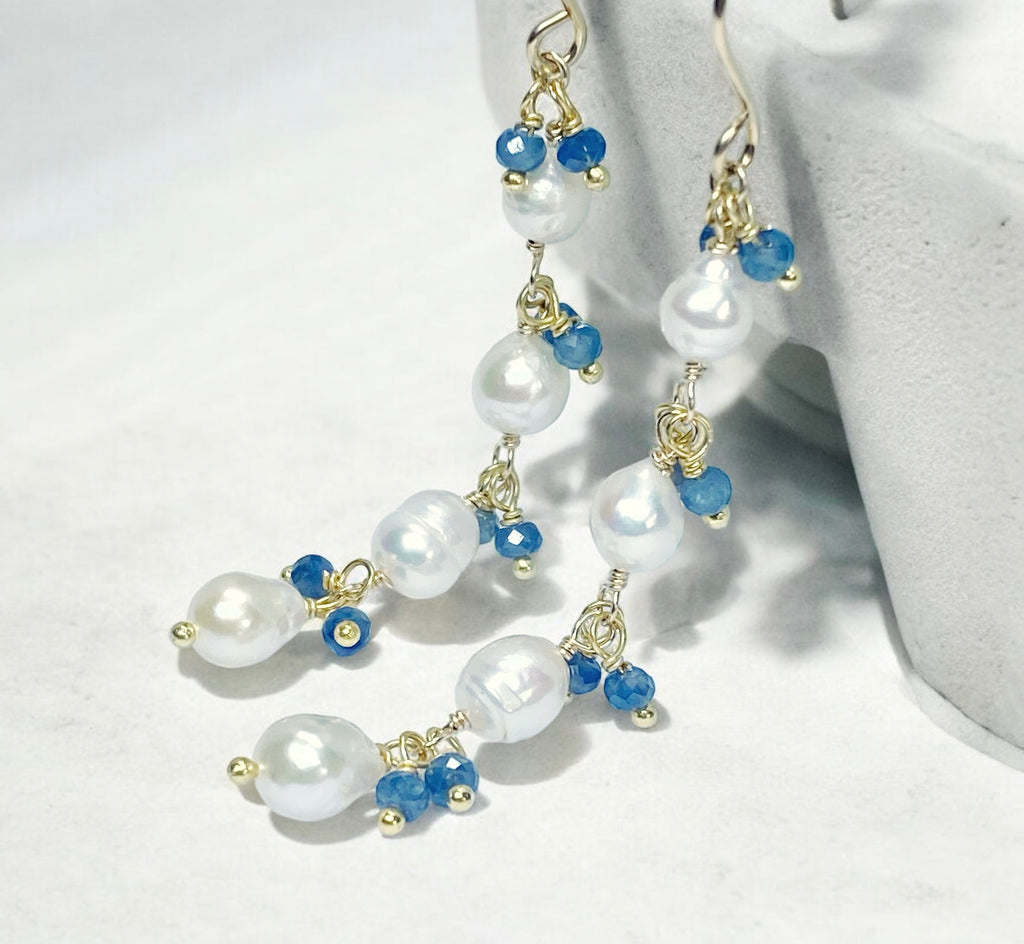 Blue Sapphire and Pearl Long Dainty Earrings Gold Fill