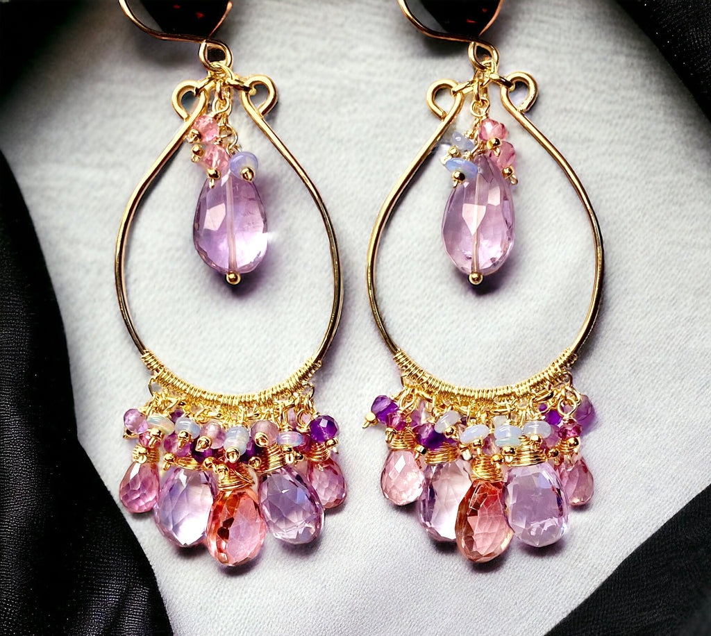 Gemstone Statement Chandelier Earrings in Pink, Lavender, Violet 2