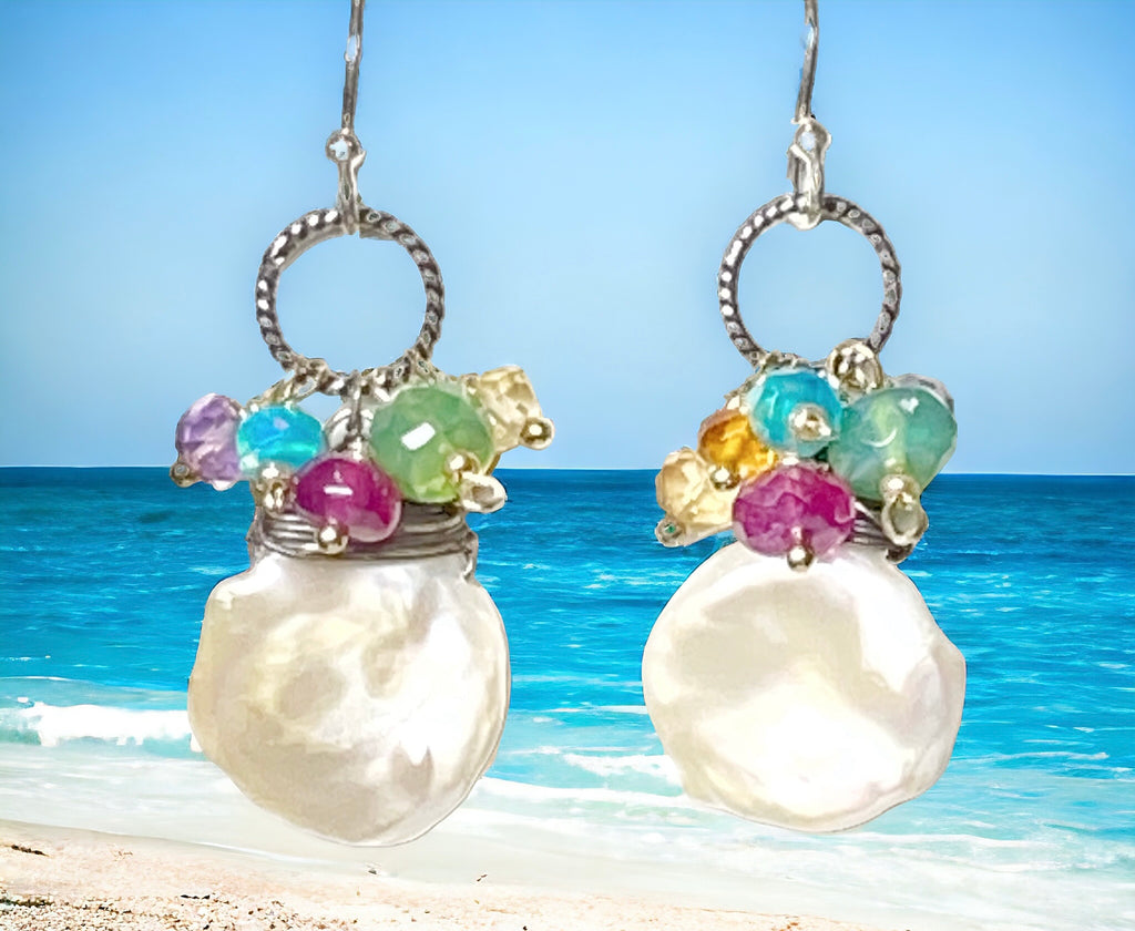 Keishi Pearl Earrings with Colorful Gems and Mixed Metals