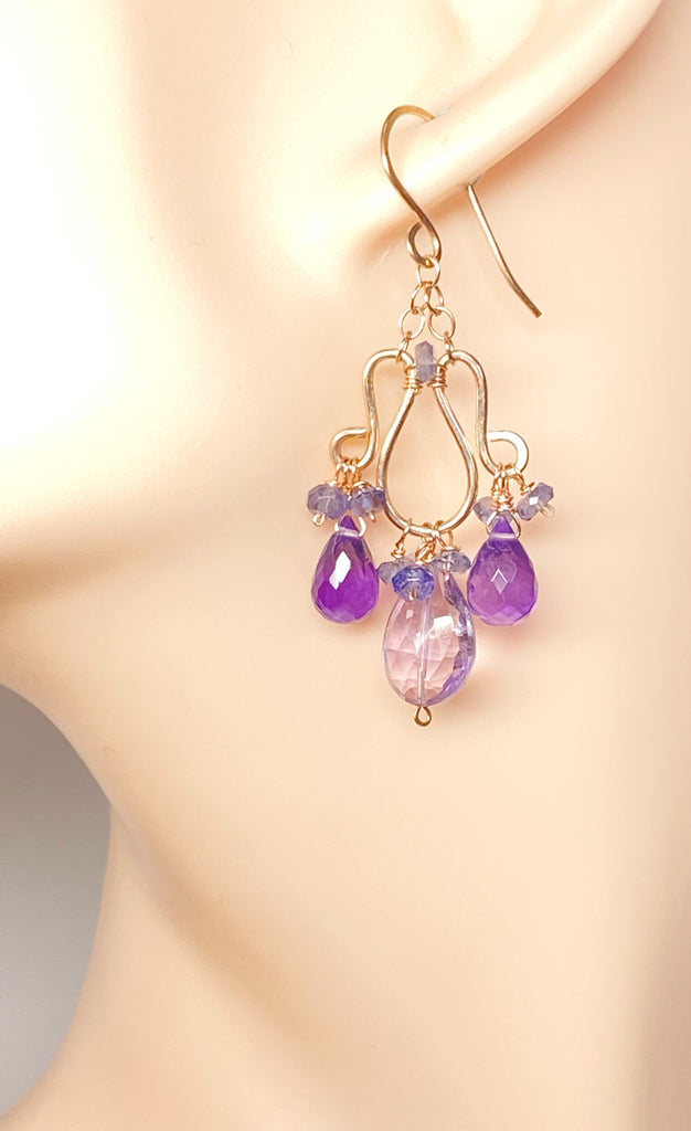 Lavender Pink Amethyst Gemstone Chandelier Earrings Rose Gold Fill