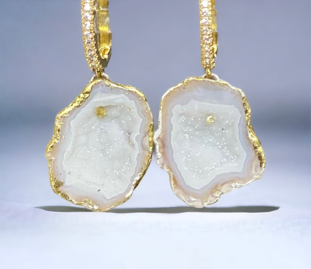 White Tabasco Geode 24 kt Gold Leaf Bridal Earrings with Long Dangling Chains