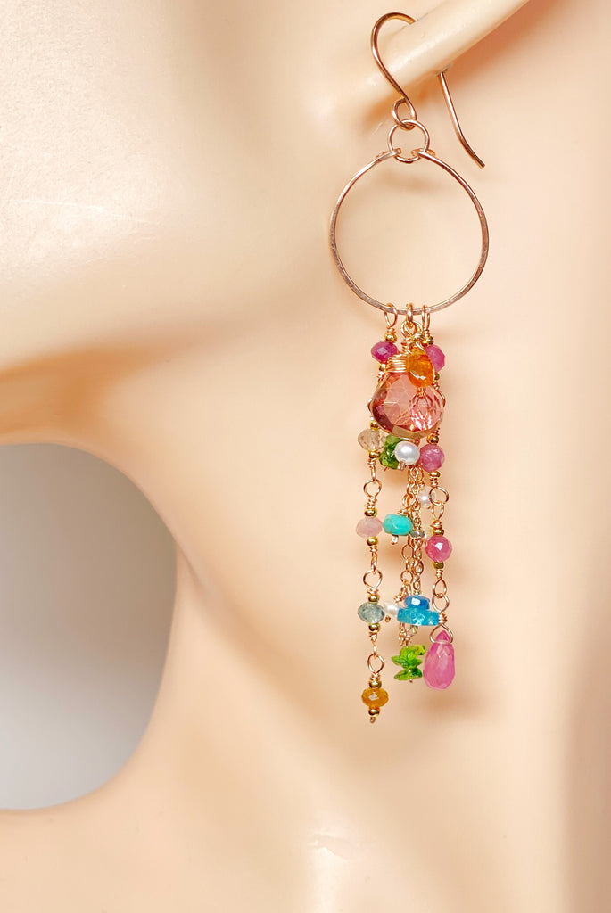 Mystic Pink Topaz Multicolor Gemstone Long Boho Dangle Earrings Rose Gold