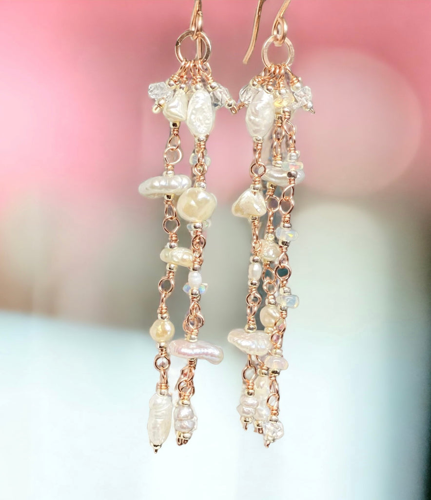 Rose Gold Dainty Pearl Boho Dangle Earrings