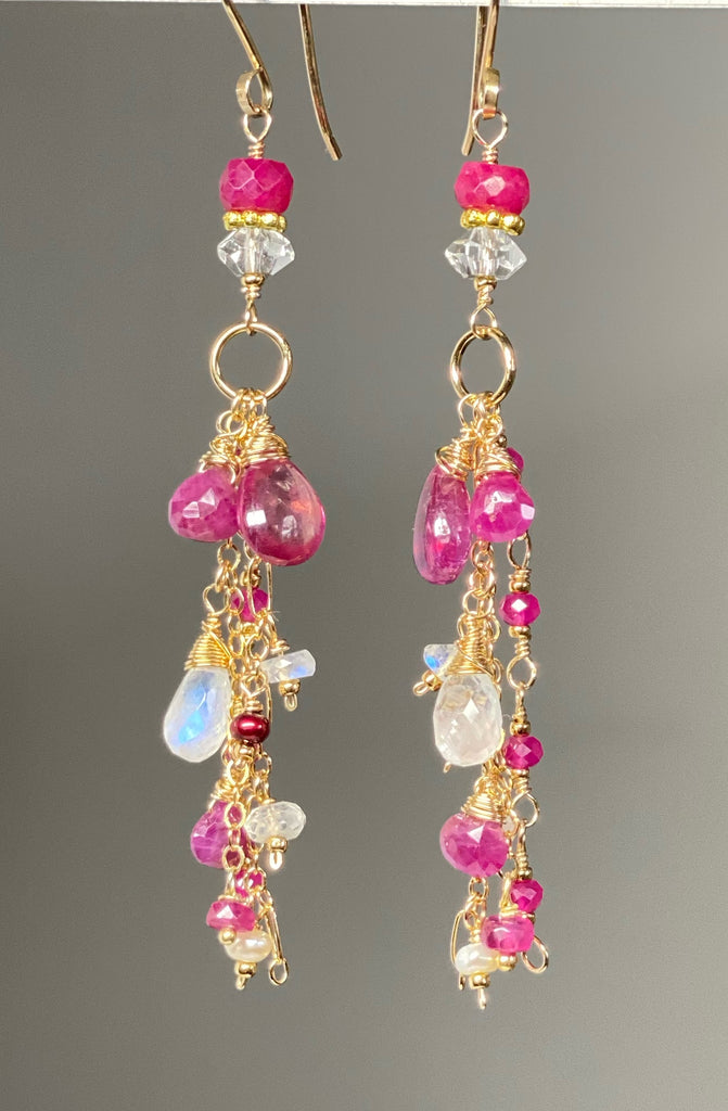 Red Ruby, Pink Sapphire Long Boho Dangle Earrings in Gold Fill with Moonstone