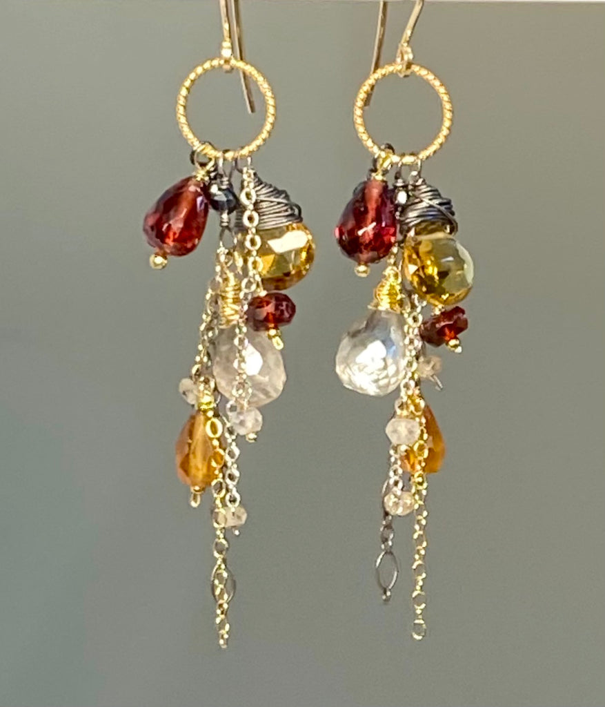 Multi Gemstone Dangle Earrings Garnet Citrine Mixed Metal - Doolittle