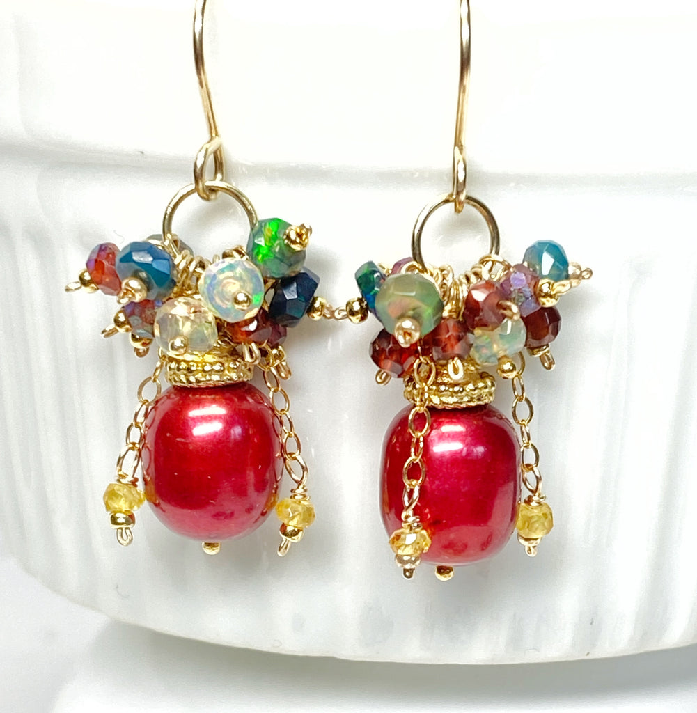 Red Pearl, Opal and Garnet Cluster Earrings Gold Fill