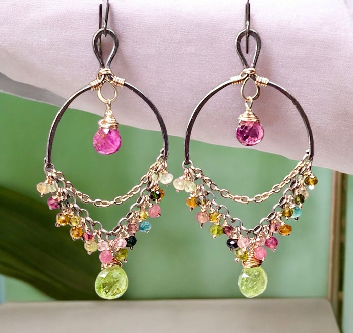 Tourmaline Chandelier Earrings Mixed Metal Boho Style 2