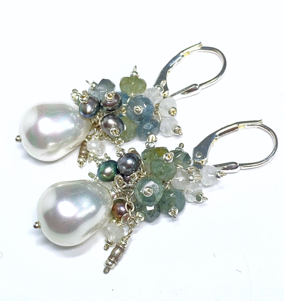 Moss Aquamarine and Pearl Cluster Earrings, Sterling Silver