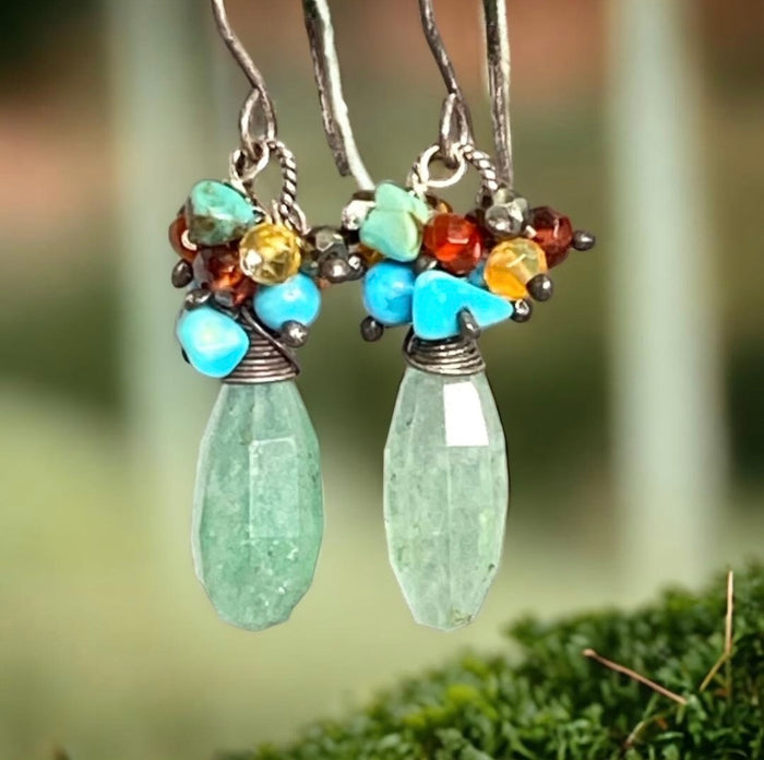 Green Aventurine Cluster Earrings with Fire Opal, Turquoise & Garnet