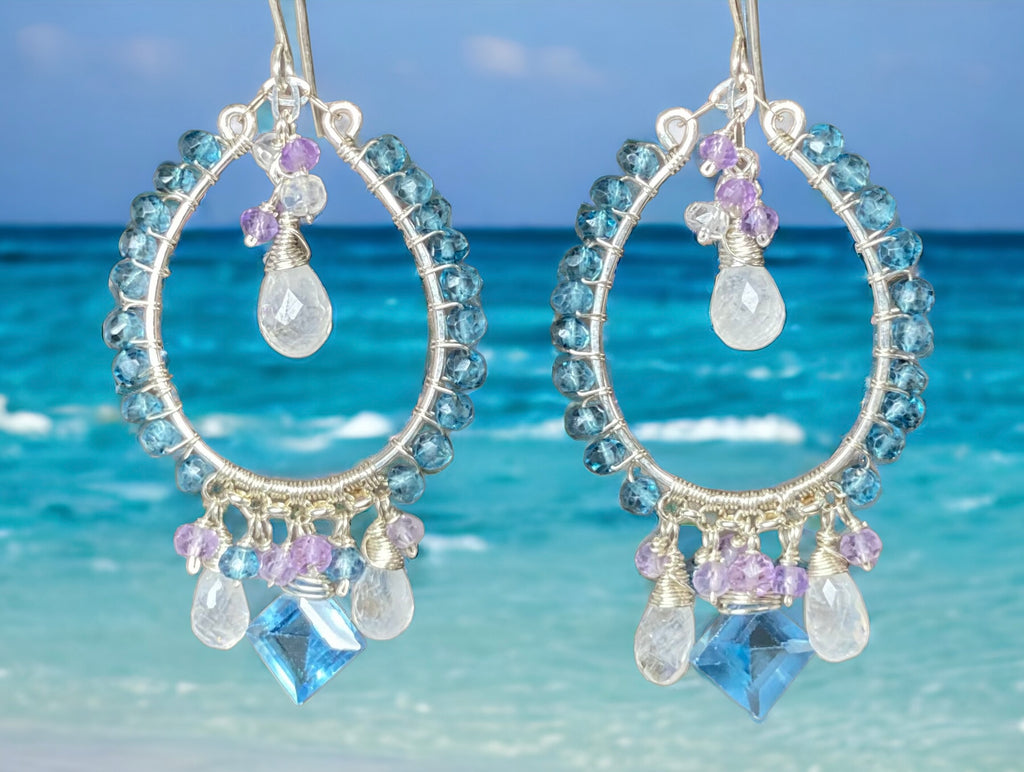 Blue Gemstone Chandelier Hoop Earrings
