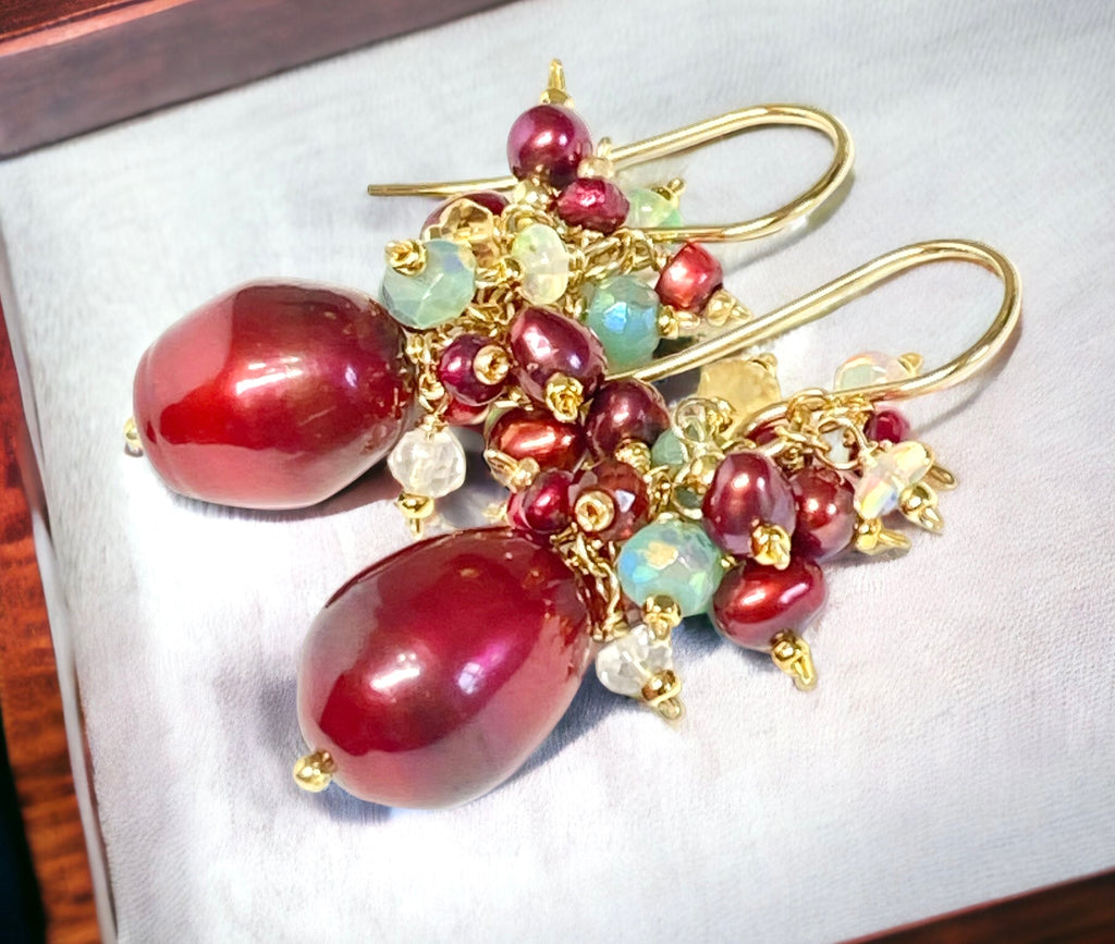 Christmas pearl earrings red pearls colorful gemstone cluster in 14 kt gold fill