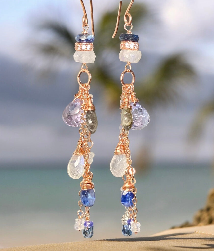 Rainbow Moonstone, Labradorite, Kyanite, Rose Gold Long Boho Earrings Blue White