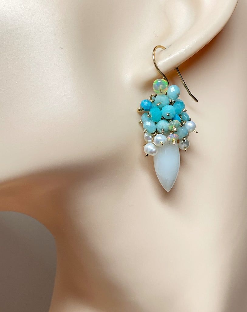 White Earrings with Amazonite Opal Pearl Clusters 2