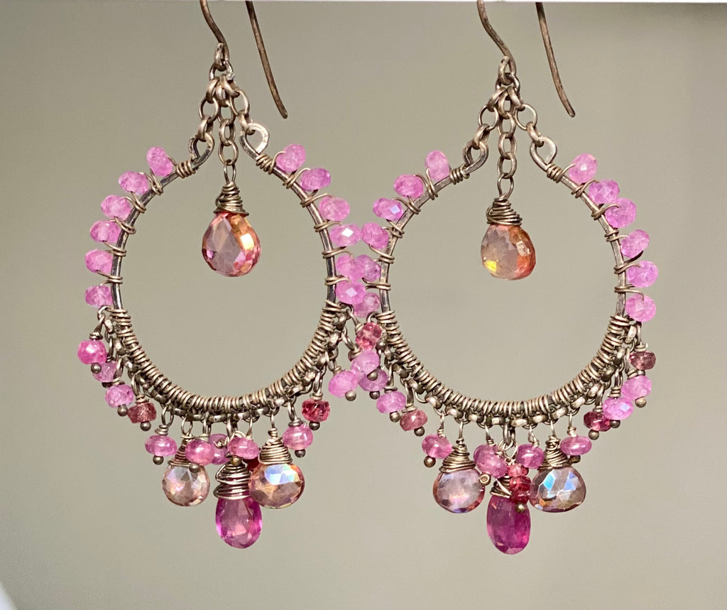 Pink Sapphire Chandelier Hoop Earrings in Oxidized Sterling Silver