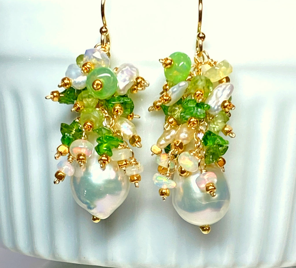 Peridot, Opal, Pearl Cluster Earrings Gold Fill 2