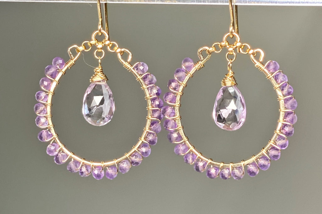 Lavender Pink Amethyst Chandelier Hoop Earrings, Gold Fill