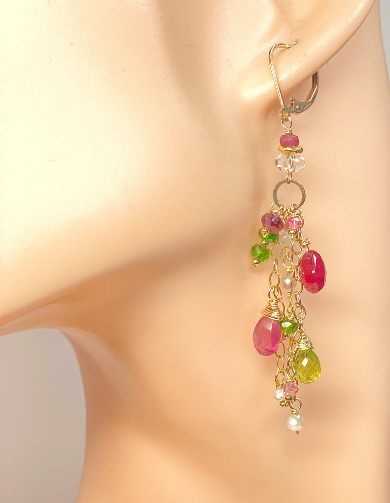 Long Gemstone Dangle Earrings - Pink Sapphire, Peridot, Ruby, Gold Fill