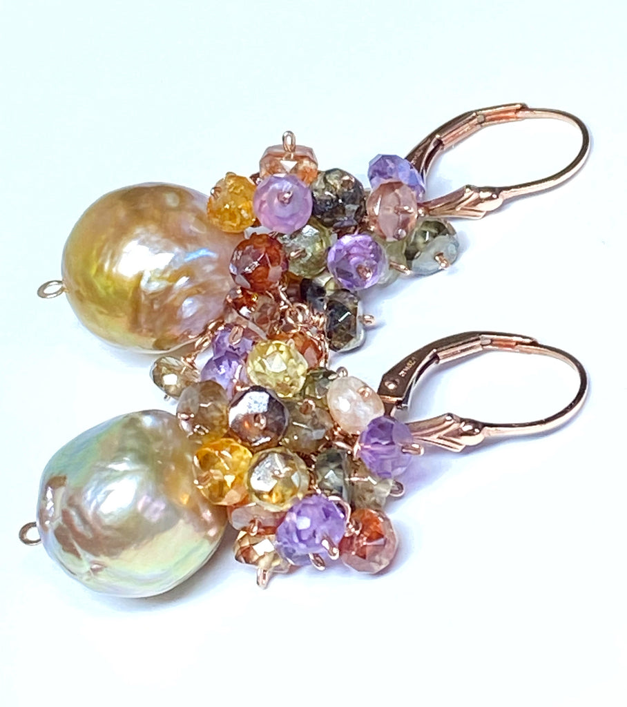 Multi Gemstone Cluster and Pond Slime Gold White Pearl Earrings Rose Gold