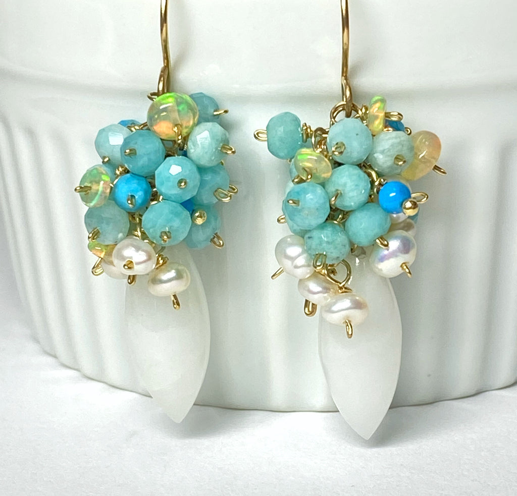 White Earrings with Amazonite Opal Pearl Clusters 2