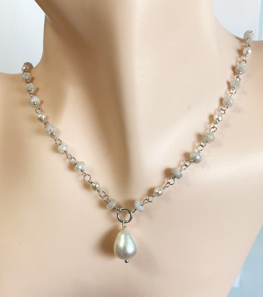 Pearl and White Sapphire Rosary Style Pendant Necklace, Sterling Silver