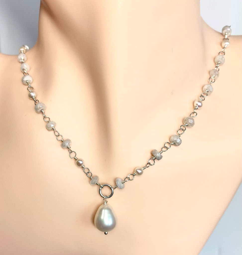 Pearl and White Sapphire Rosary Style Pendant Necklace, Sterling Silver