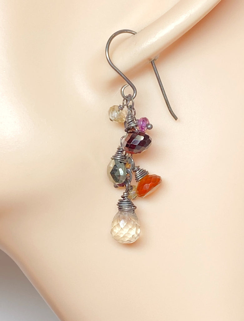 Garnet Oxidized Silver Multicolor Gem Dangle Earrings
