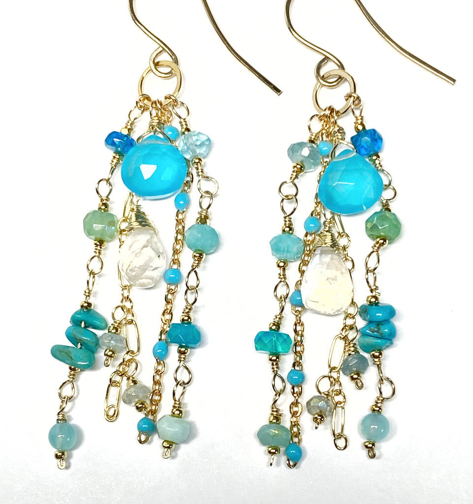Blue, Aqua, Turquoise Gem Dangle Earrings, Gold Fill