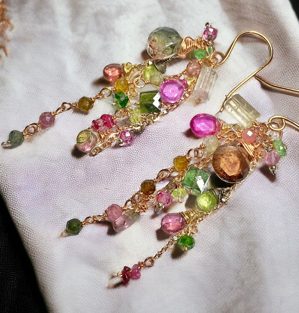 Tourmaline Rose Gold Multicolor Gemstone Long Boho Dangle Earrings