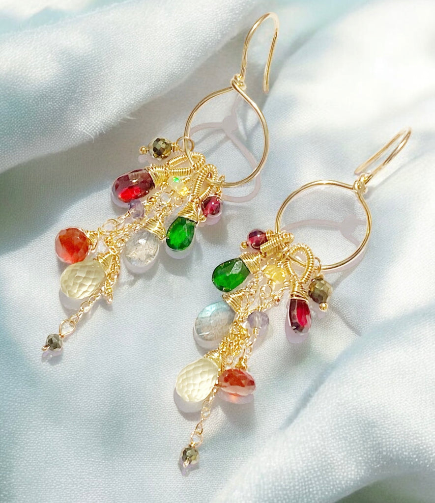 Garnet Colorful Gemstone Gold Hoop Dangle Earrings