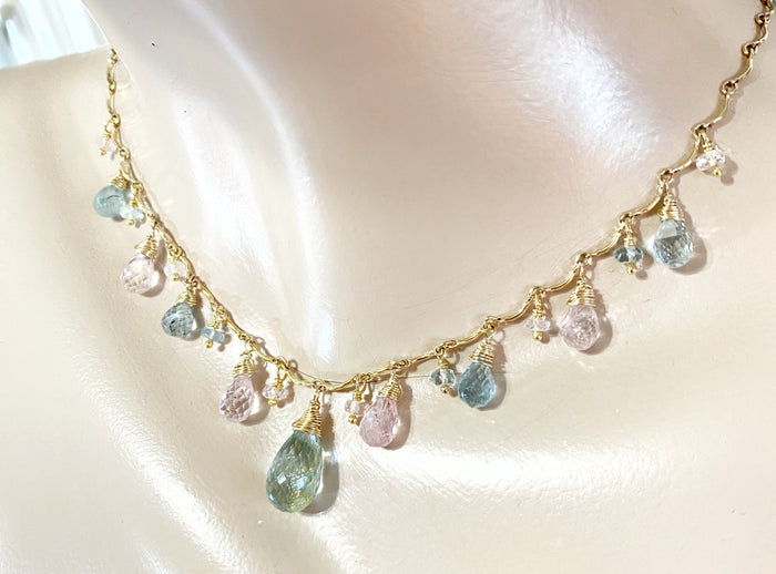 Aquamarine Dangle Necklace Gold Fill, with Morganite