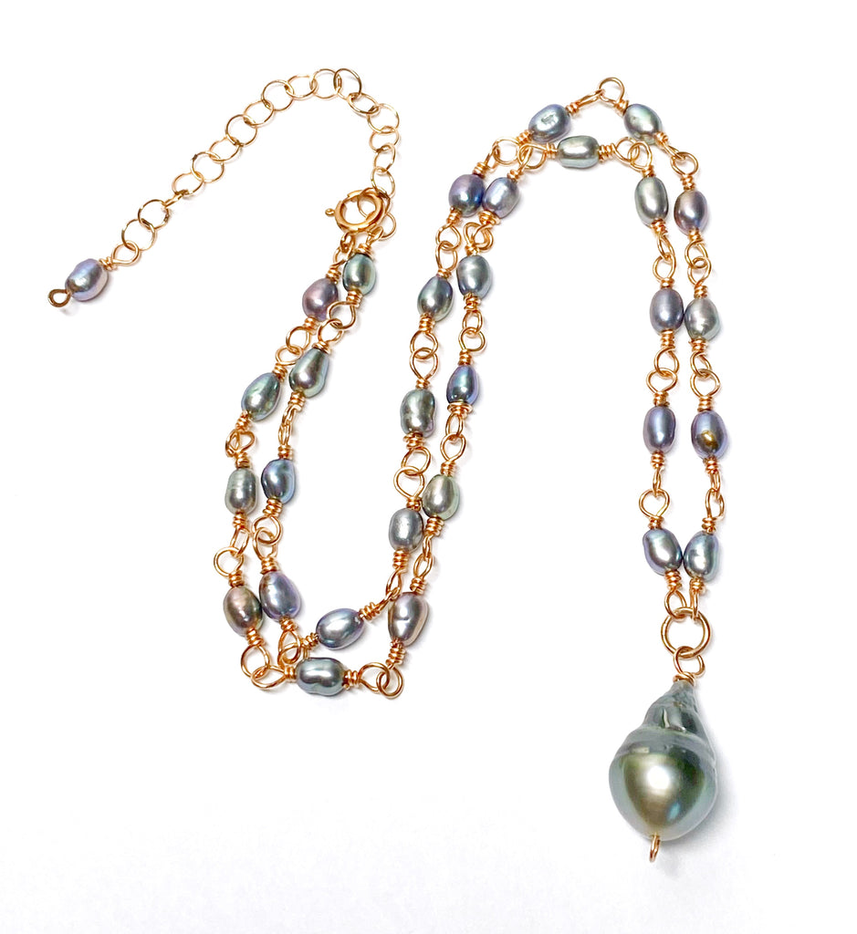 Tahitian Pearl Pendant Necklace Wire Wrapped Rosary Style Rose Gold Fill