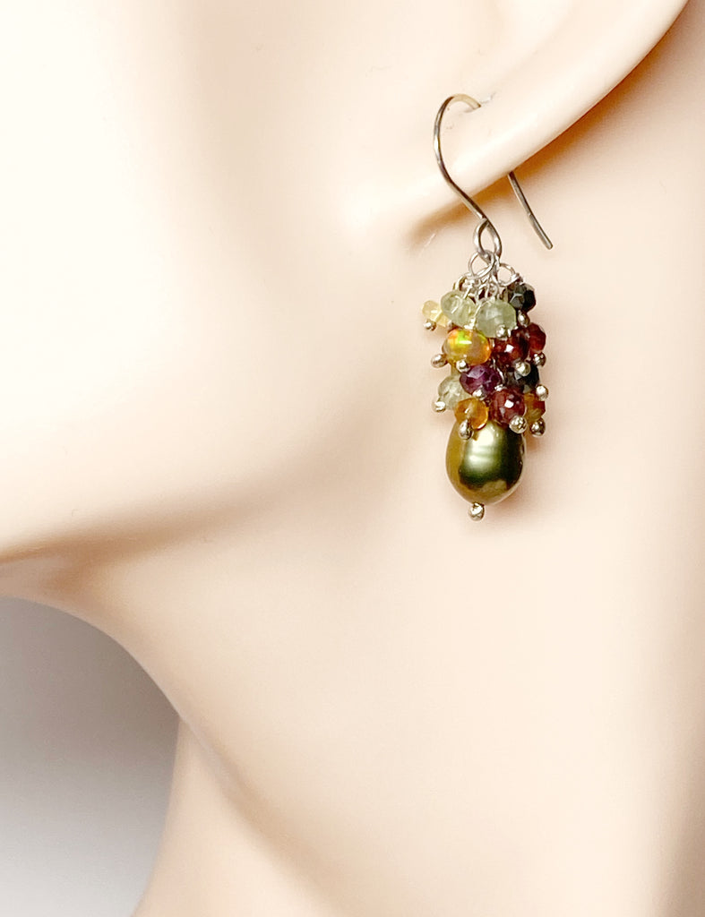 Olive Green Pearl Gemstone Cluster Earrings Sterling Silver with Opals