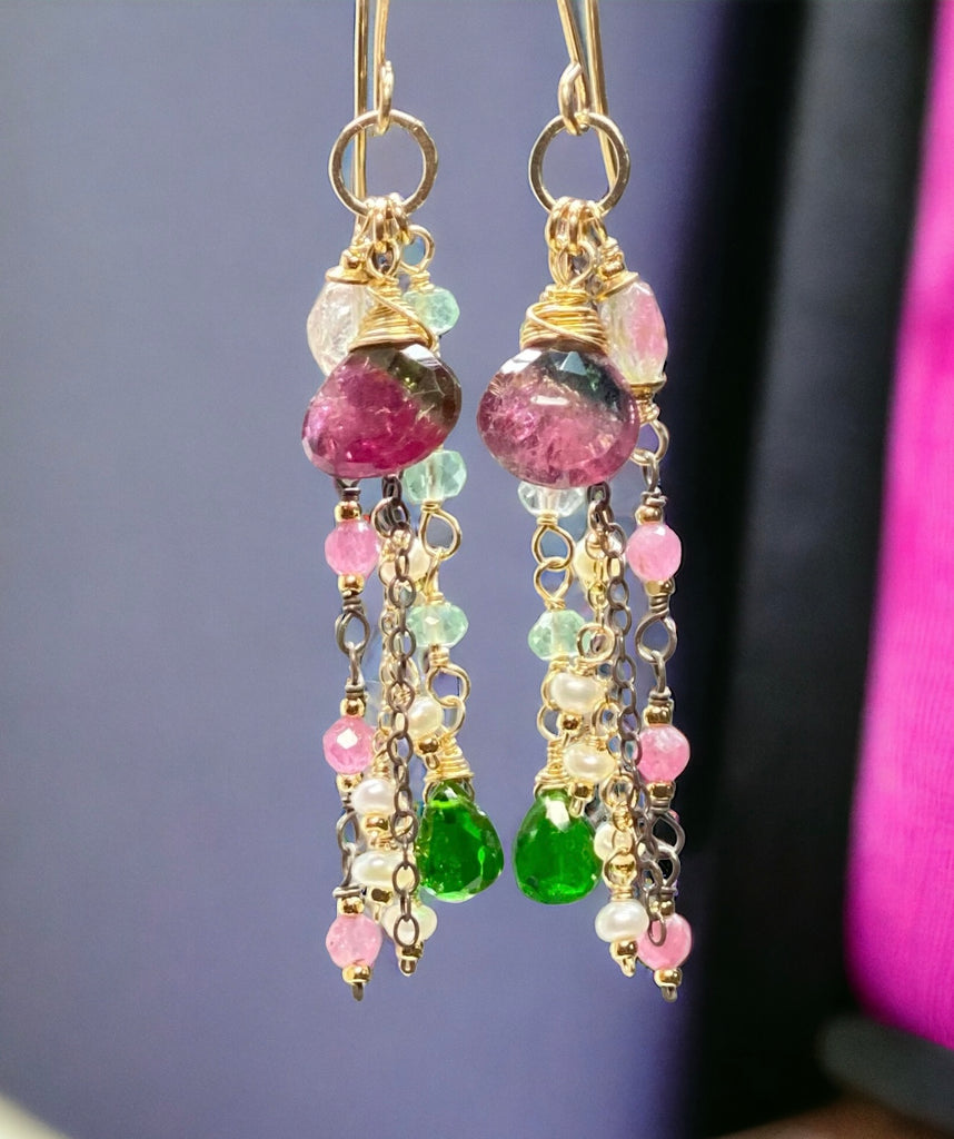 Bicolor Rubellite Tourmaline Briolette and Mixed Metal Gemstone Dangle Earrings