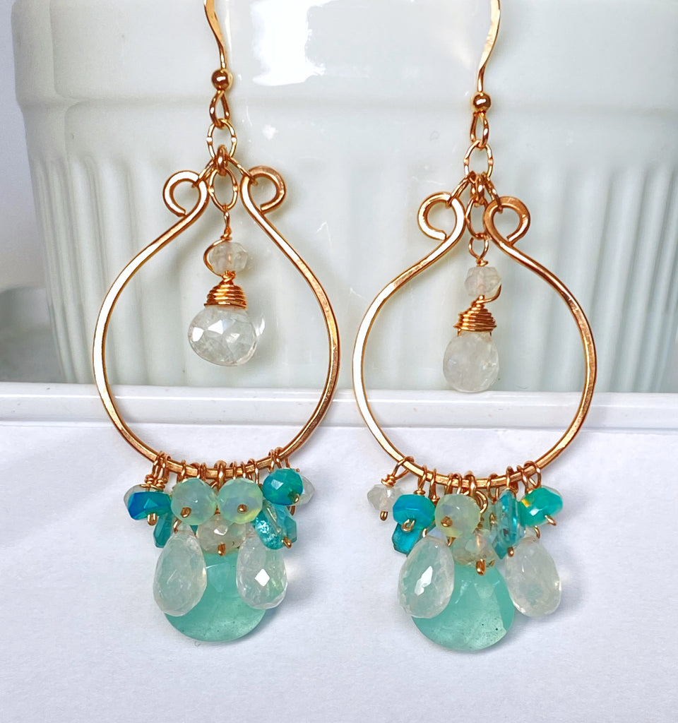 Aqua Chalcedony Rose Gold Hoop Chandelier with Opal, Moonstone, Apatite