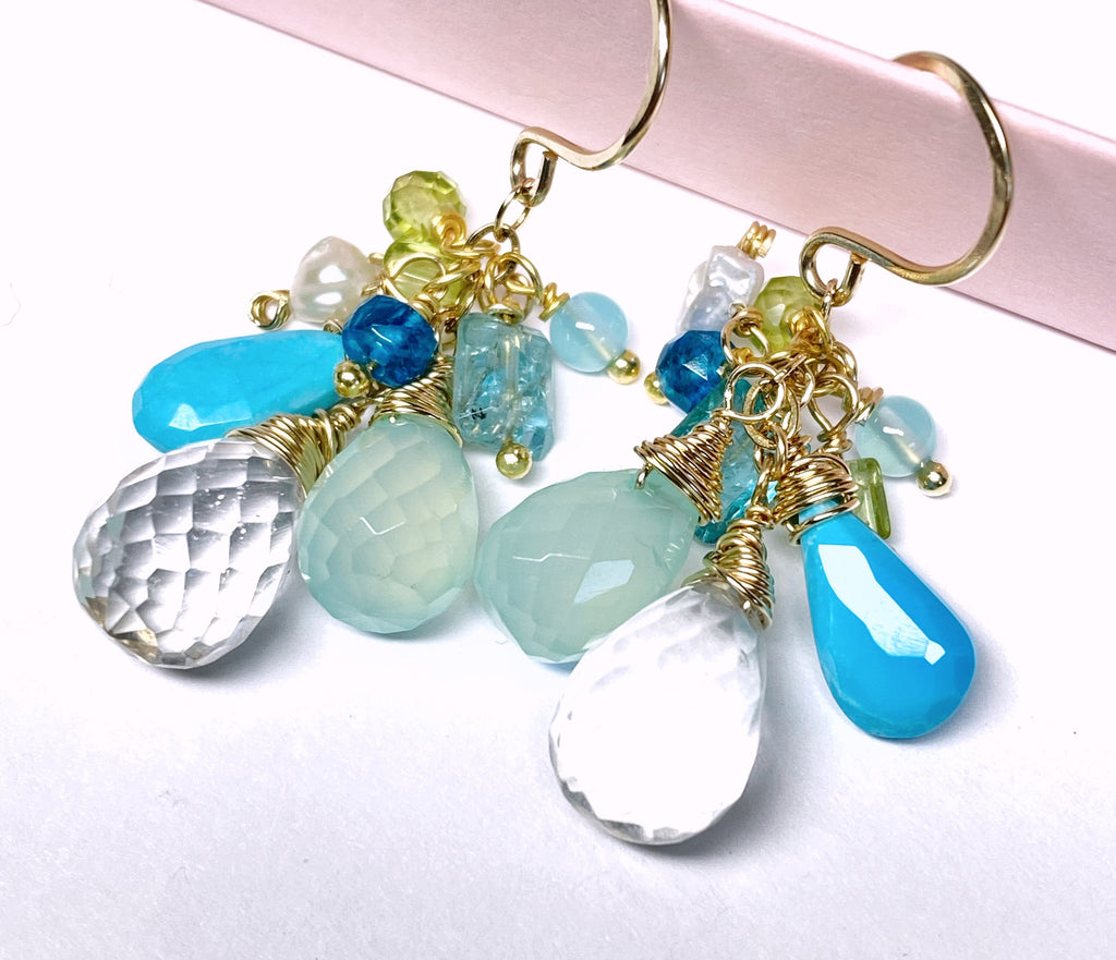 Aqua Gold Filled Dangle Earrings Crystal Quartz & Turquoise